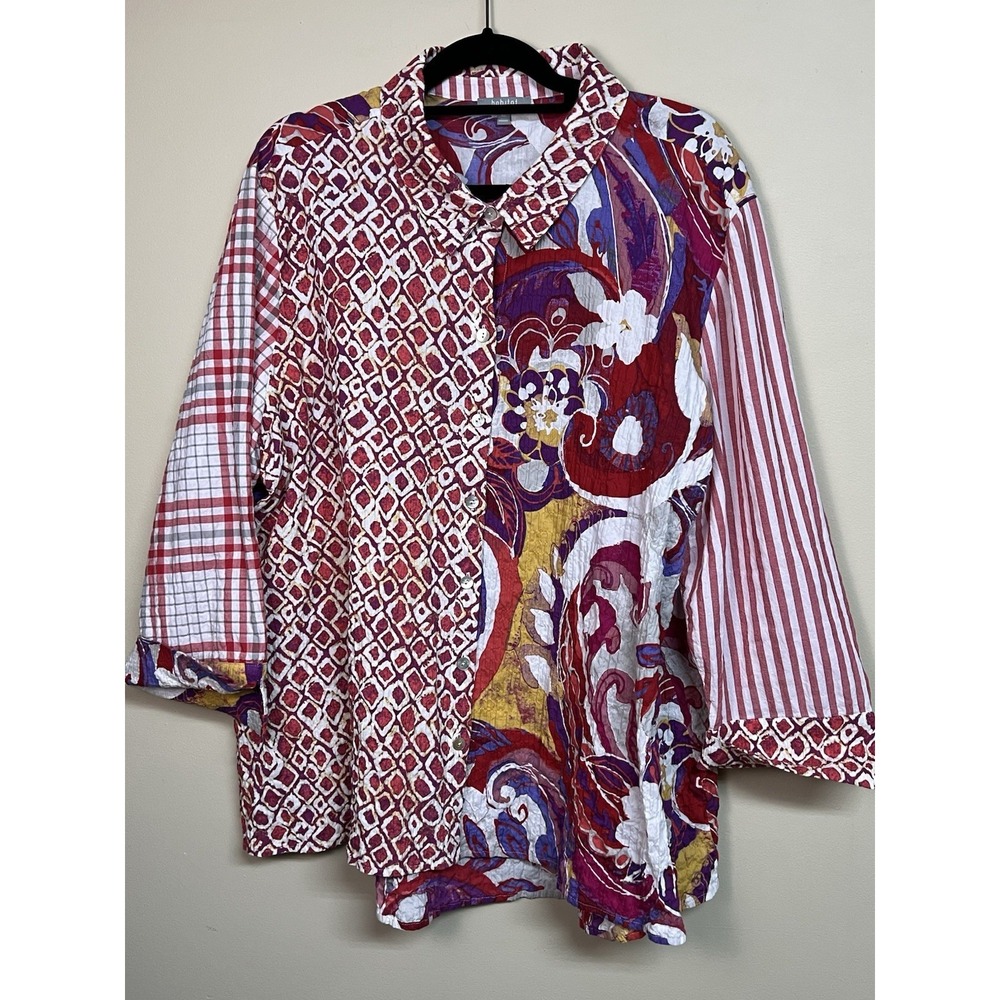 HABITAT Cotton Boho 3/4 Sleeve Mixed Print Crinkle Button Blouse Size XXL Artsy